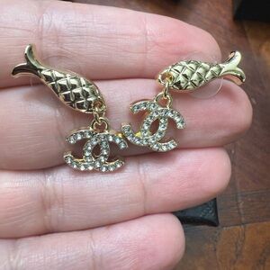 New upcycled Chanel Gold fish and rhinestone Women's Earrings